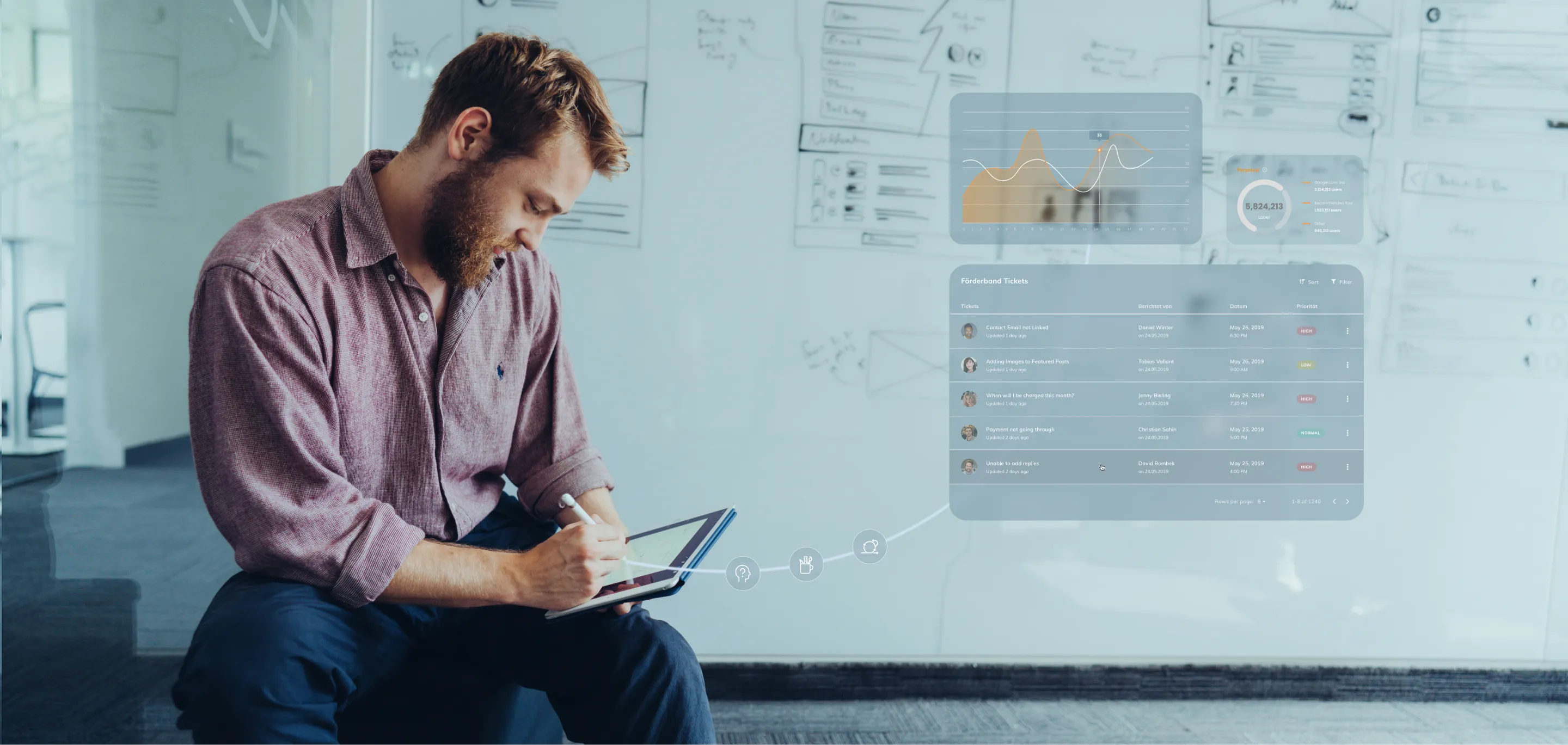 Mann sitzt mit Tablet und Stift vor einer Glaswand mit digitalen Diagrammen und Ticketübersicht.
