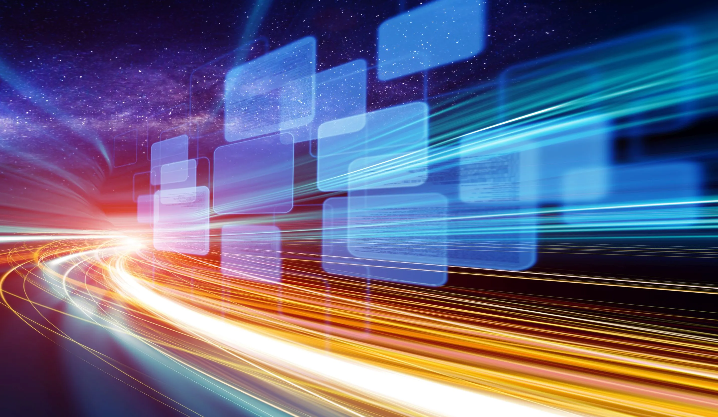 Abstraktes Bild mit leuchtenden Lichtstreifen in Blau und Orange vor einem Sternenhimmel mit transparenten digitalen Fenstern.