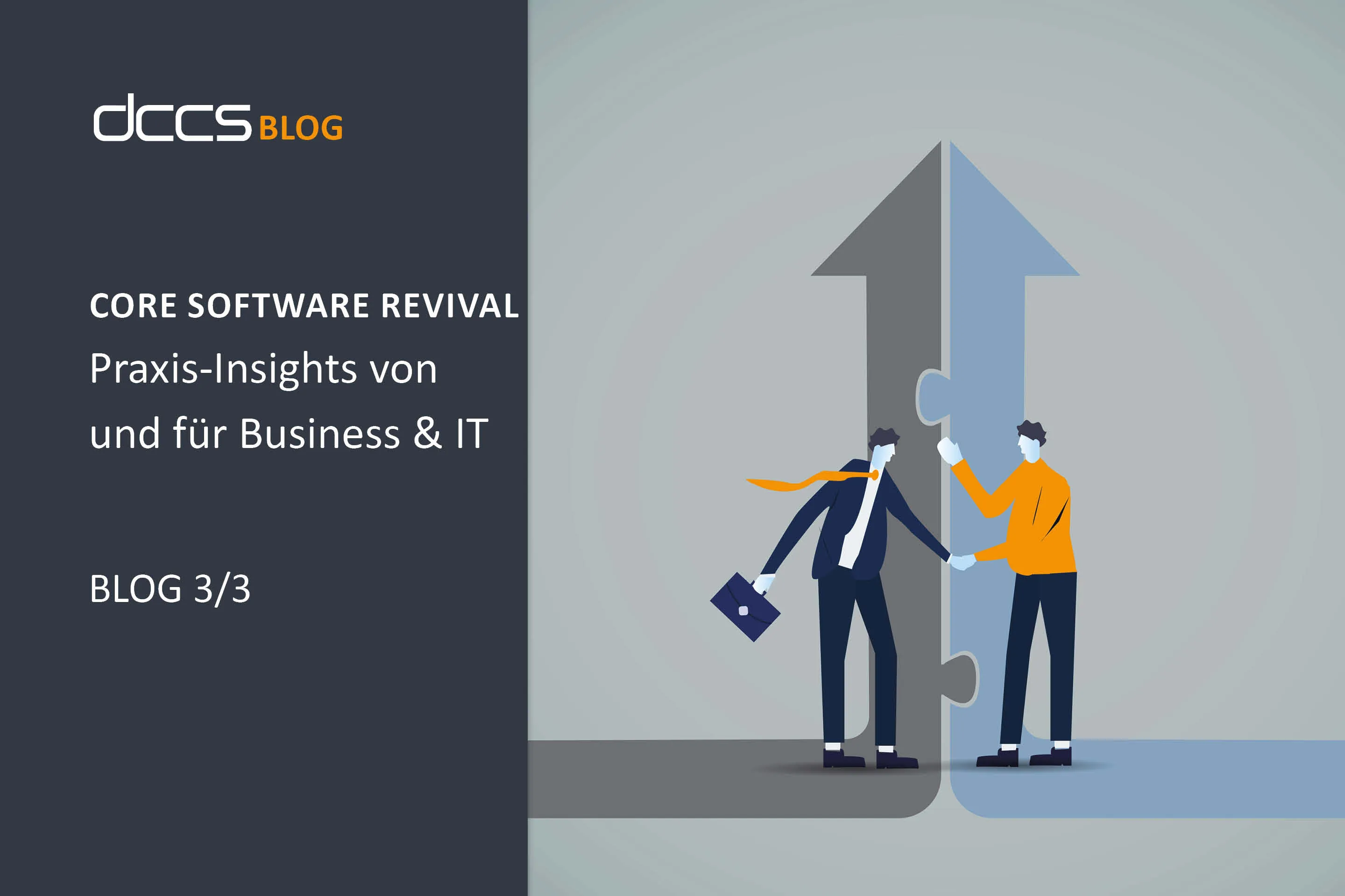 Illustration von zwei Personen, die sich die Hand geben, vor einem aufsteigenden Pfeil aus zwei Puzzleteilen in Grau und Blau.