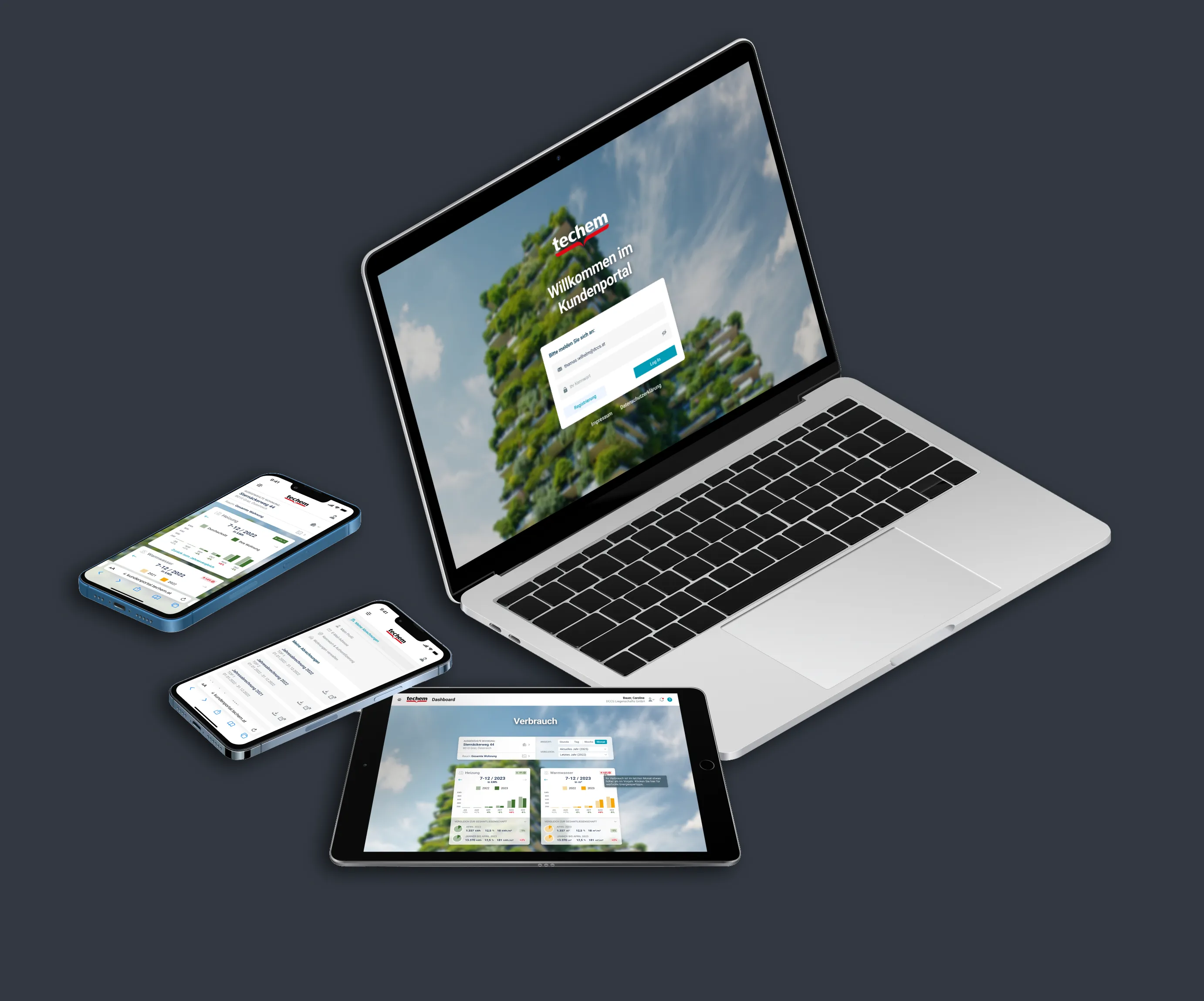 Laptop, Tablet und zwei Smartphones zeigen das Techem Kundenportal mit Login-Bildschirm und Verbrauchsübersicht.