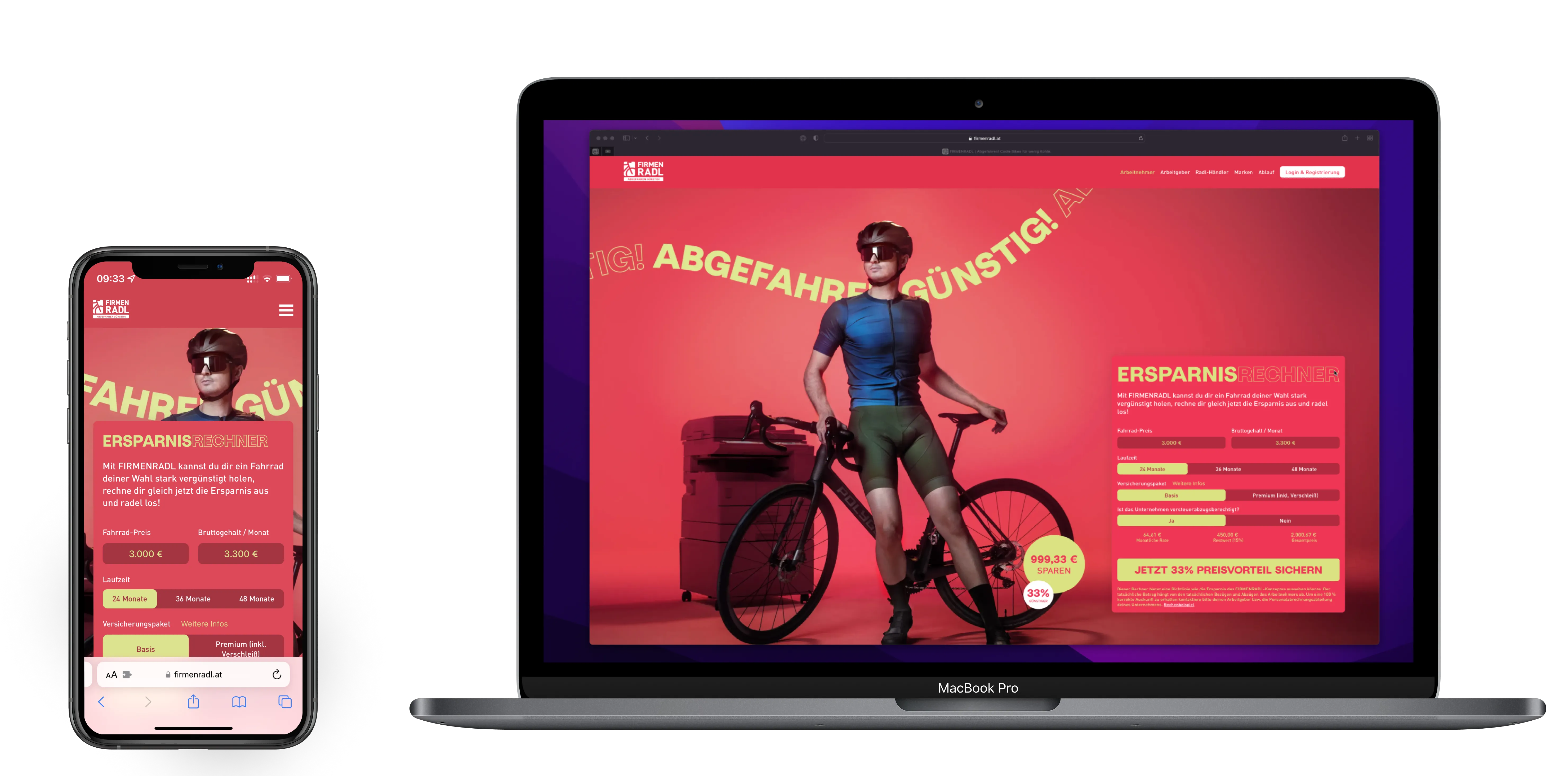 MacBook Pro und iPhone zeigen eine Webseite mit einem Fahrradfahrer in Sportkleidung, dazu ein Ersparnisrechner für Fahrräder auf rotem Hintergrund.