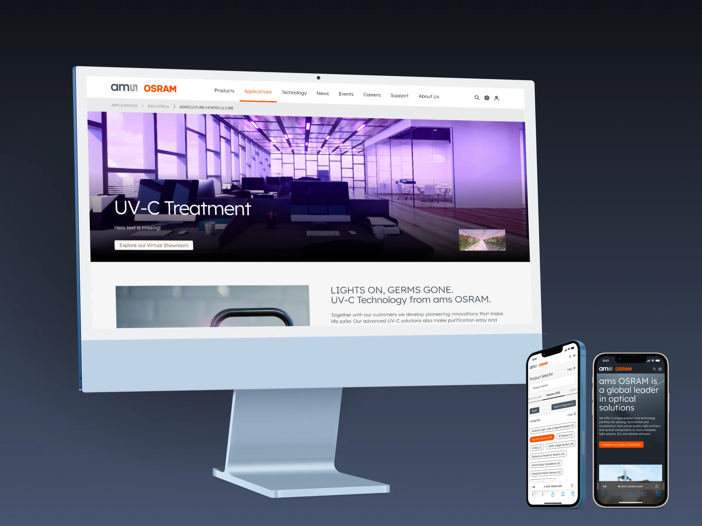 Desktop-Computer und zwei Smartphones zeigen verschiedene Seiten der ams OSRAM Webseite mit UV-C-Technologie und Produktübersicht.