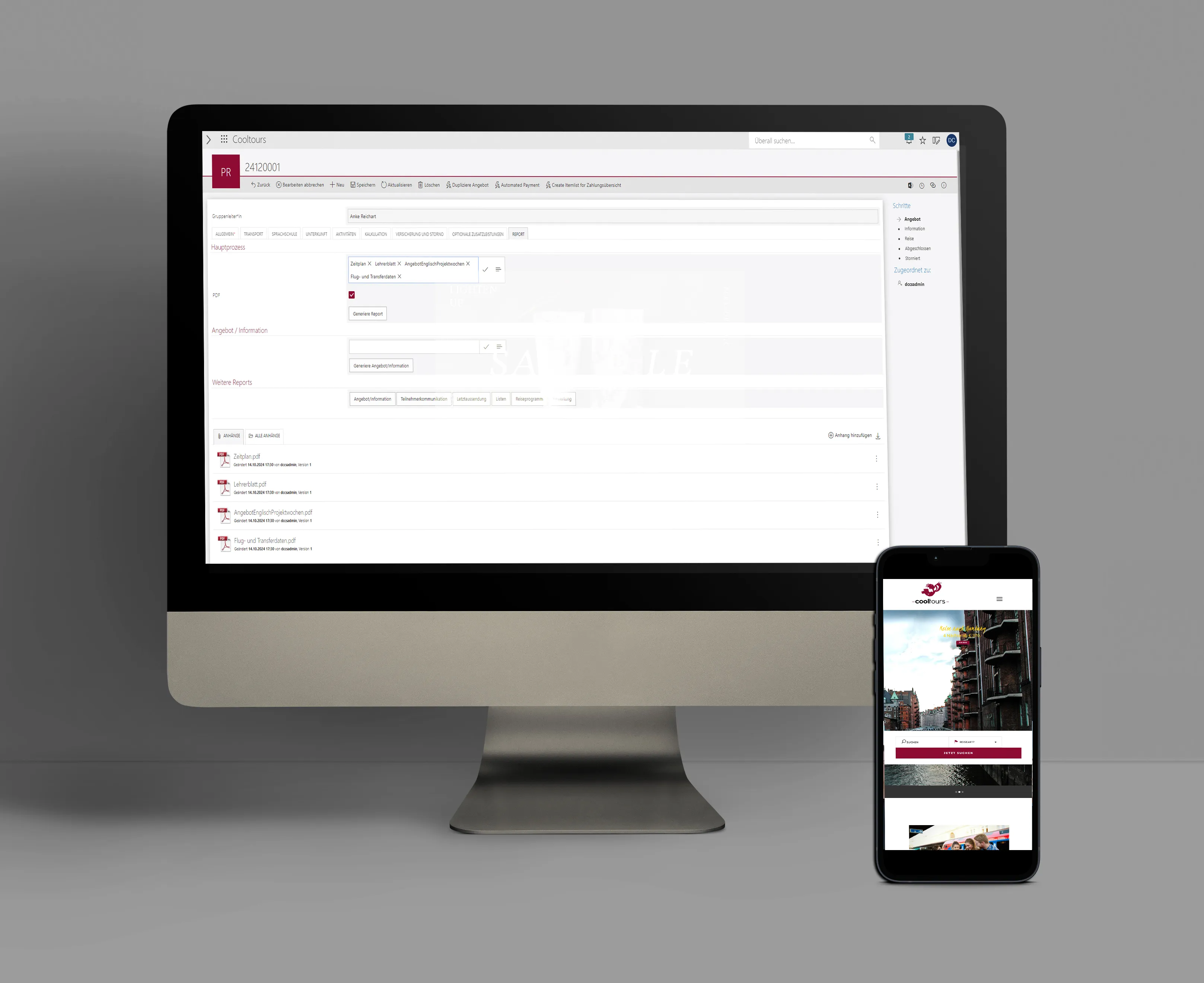 Computer und Smartphone nebeneinander, Computer zeigt eine Verwaltungs-Software mit Berichten, Smartphone zeigt eine Reise-Webseite mit Hafenbild.