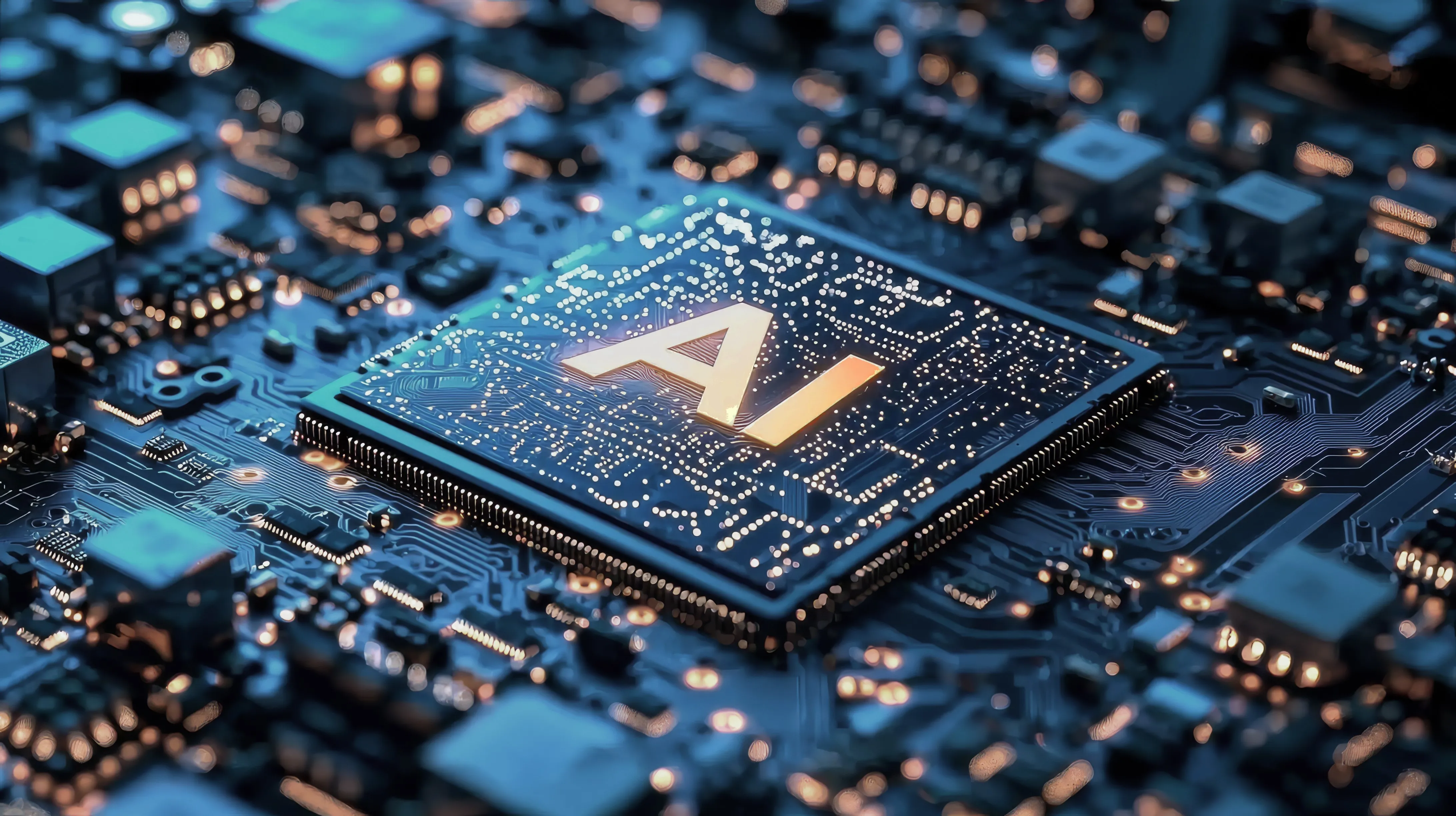 Nahaufnahme eines Computerprozessors mit der Aufschrift AI auf einer blauen Leiterplatte mit leuchtenden Schaltkreisen.