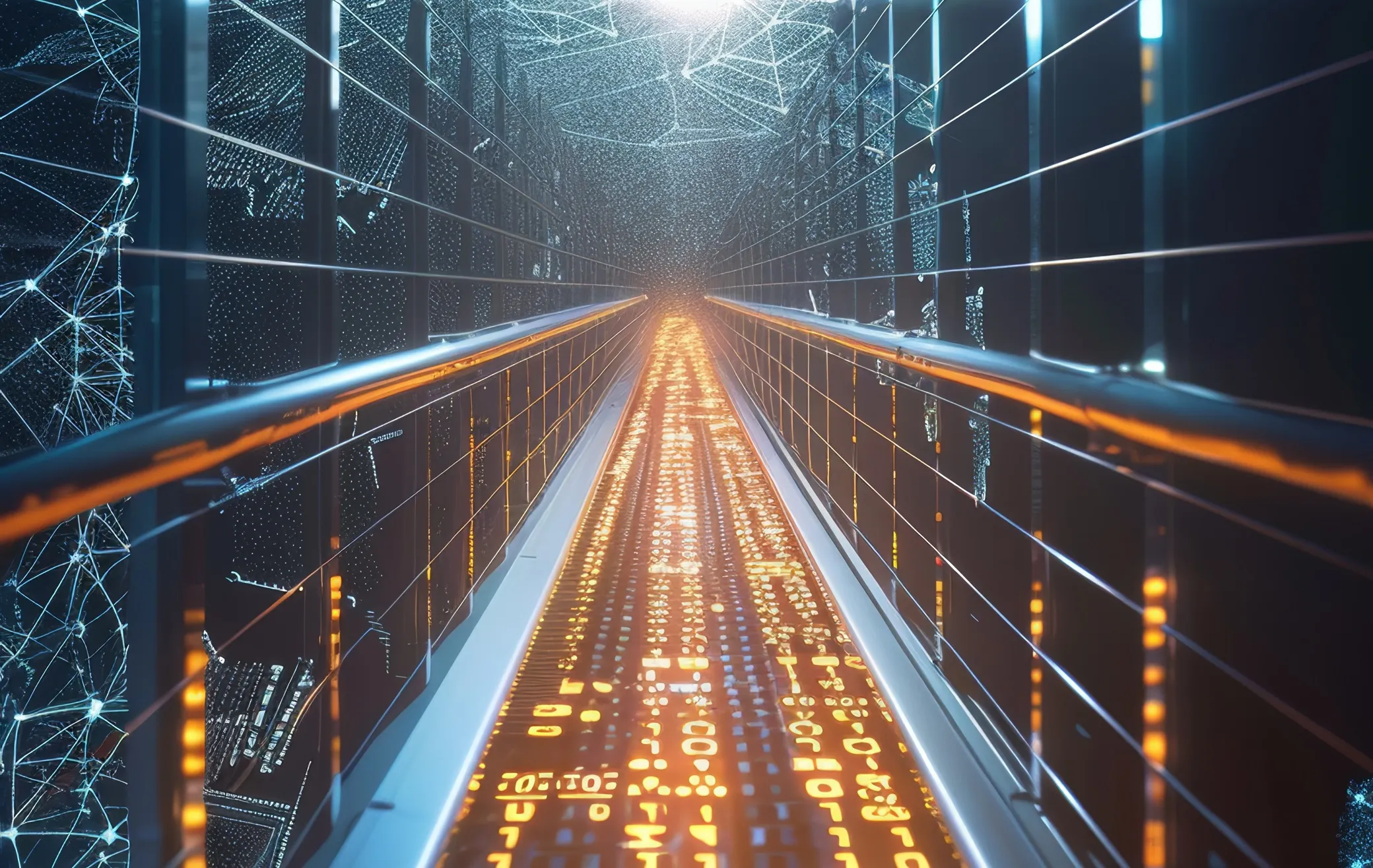 Leuchtender, futuristischer digitaler Tunnel mit orangener Datenflussanzeige auf dem Boden und vernetzten Glaselementen an den Seiten.