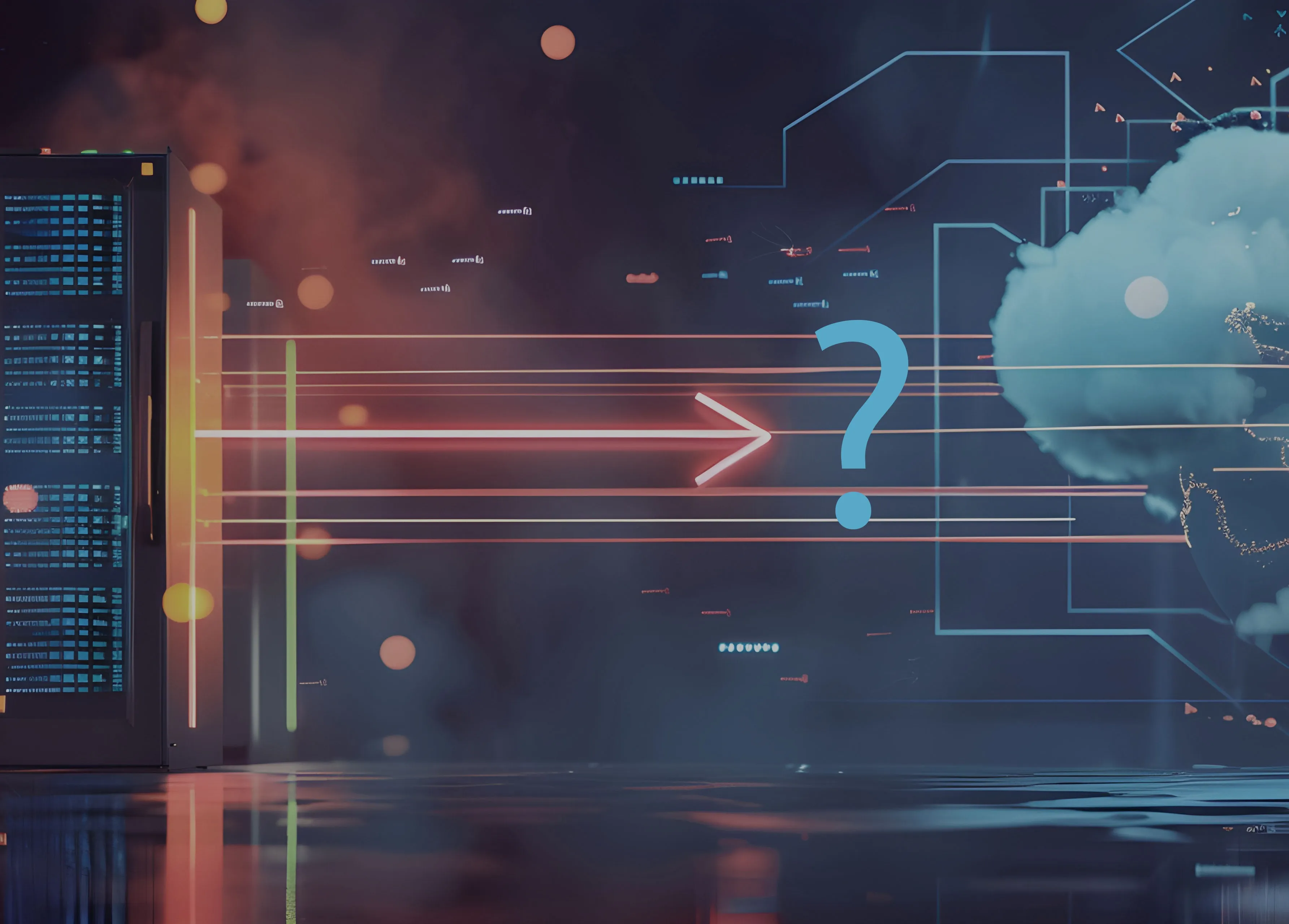 Ein Server links, von dem sich Leitungslinien mit einem Pfeil nach rechts und einem blauen Fragezeichen ausbreiten, mit einem Wolken-Symbol rechts, das Cloud-Technologie symbolisiert.