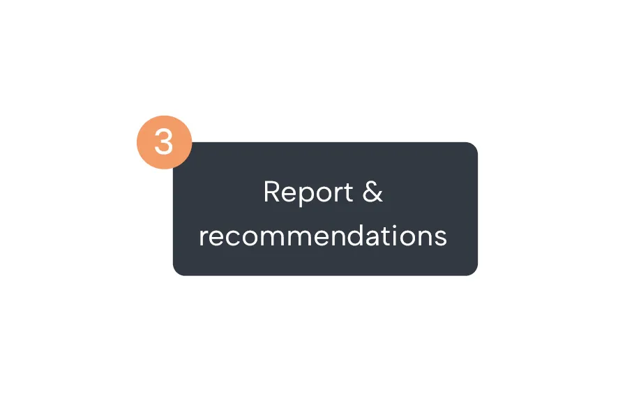 Schwarzes Rechteck mit abgerundeten Ecken und der weißen Aufschrift ‚Report & recommendations‘, daneben ein oranger Kreis mit der Zahl 3.