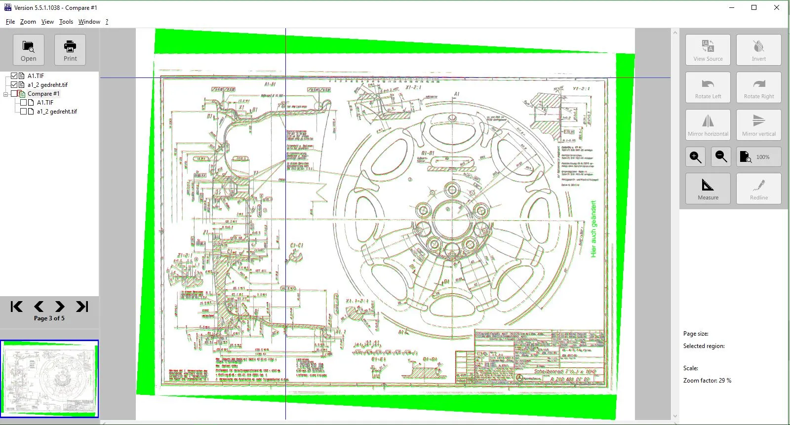 Vergleichsansicht eines technischen Detailplans mit Bearbeitungswerkzeug-Bedienfeld in einer Software, mit grüner Markierung um das Dokument.