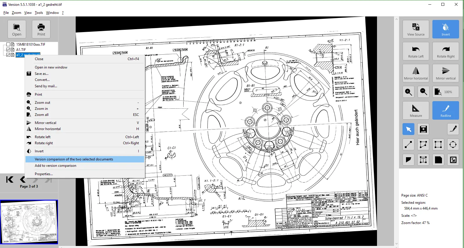 Technische CAD-Zeichnung eines Scheibenrads mit Maßangaben und einem geöffneten Kontextmenü zur Versionsvergleichsfunktion.