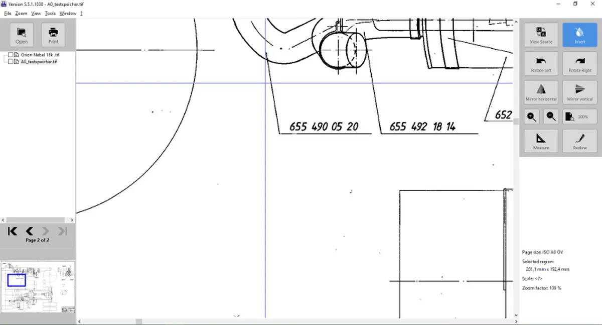 Computer screen showing a technical drawing with part numbers and image editing software interface including zoom and rotate tools.