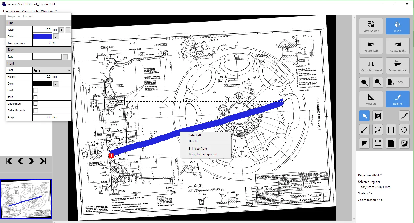 Technische Zeichnung eines Zahnrads mit blauer Markierungslinie und Kontextmenü zum Löschen im Bearbeitungsprogramm.