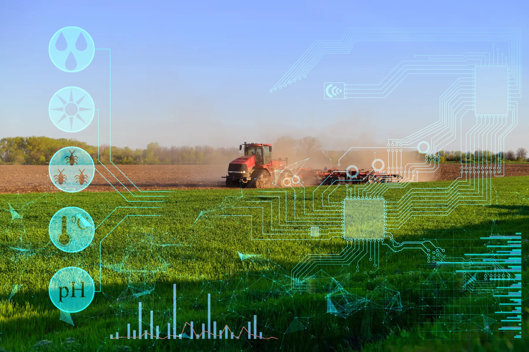 Traktor auf Feld mit digitalen Symbolen für Wasser, Sonne, Schädlinge, Temperatur und pH-Wert, die präzise Landwirtschaftstechnologie darstellen.