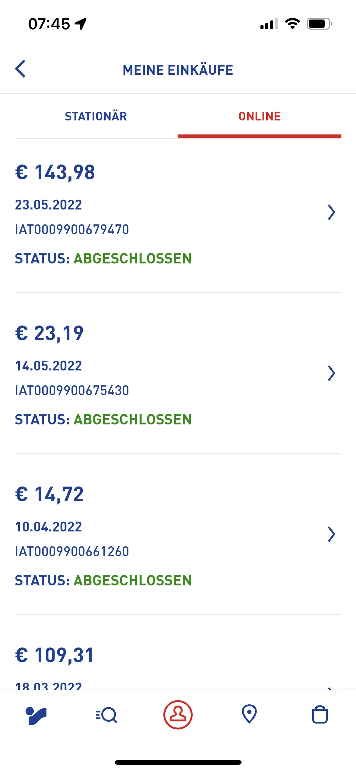 Bildschirmansicht der Einkäufe mit je Datum, Betrag und Status 'abgeschlossen' in einer App unter dem Reiter Online.