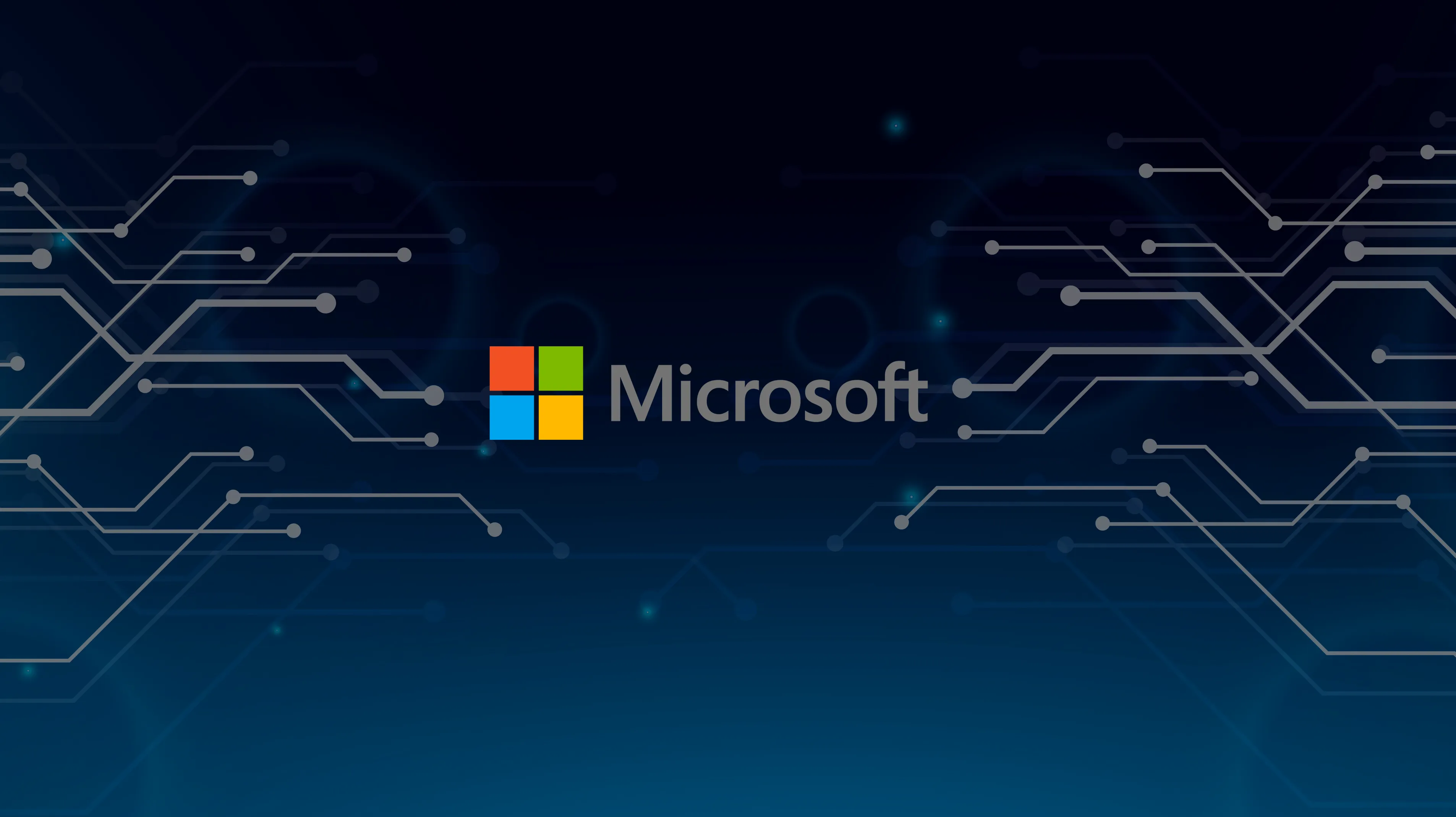 Microsoft-Logo mit bunten Quadraten vor einem dunkelblauen Hintergrund mit abstrakten Schaltkreismustern.