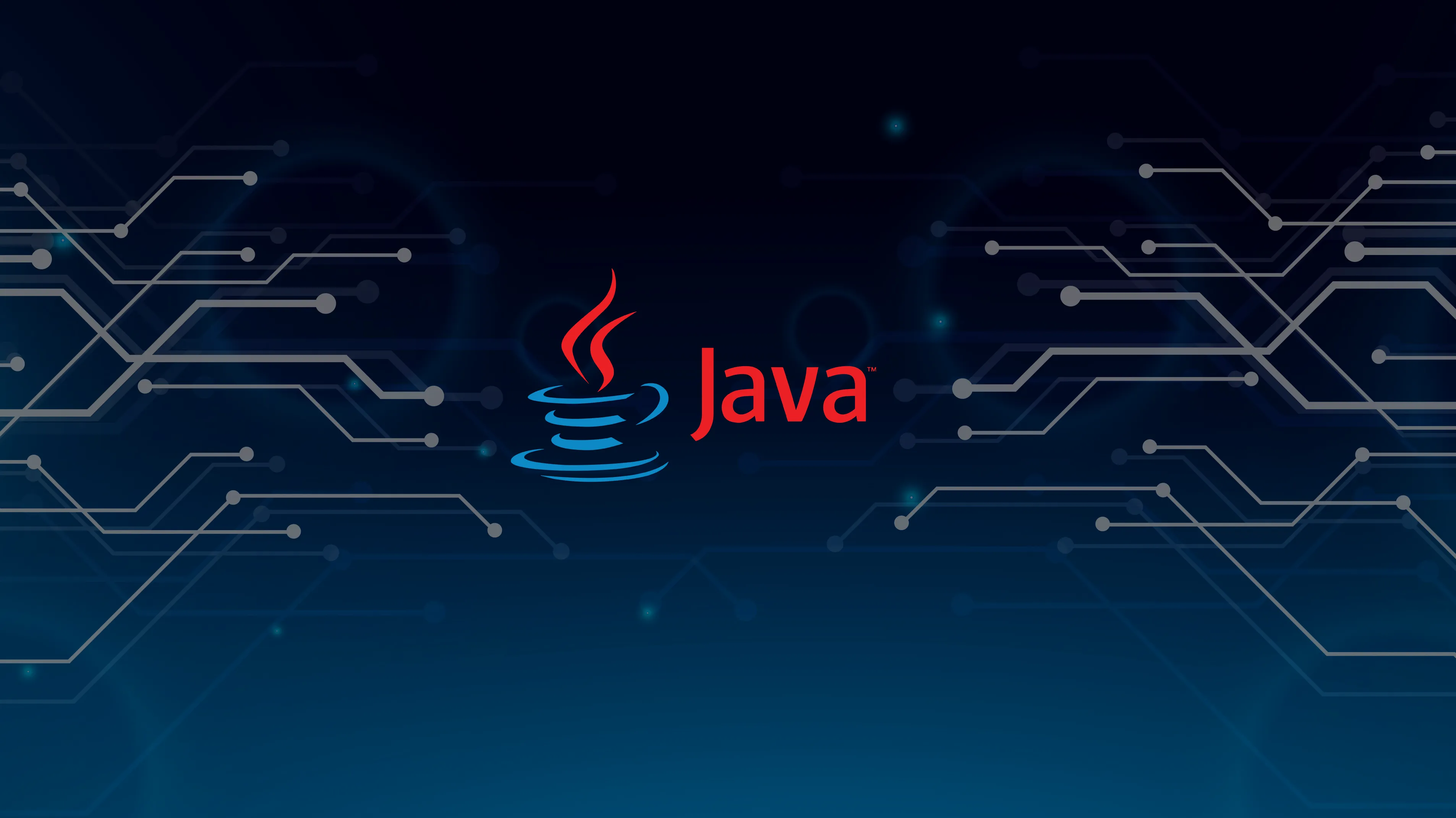 Java-Logo mit rotem Dampf über einer blauen Tasse vor einem dunklen technologischen Hintergrund mit Schaltkreislinien.