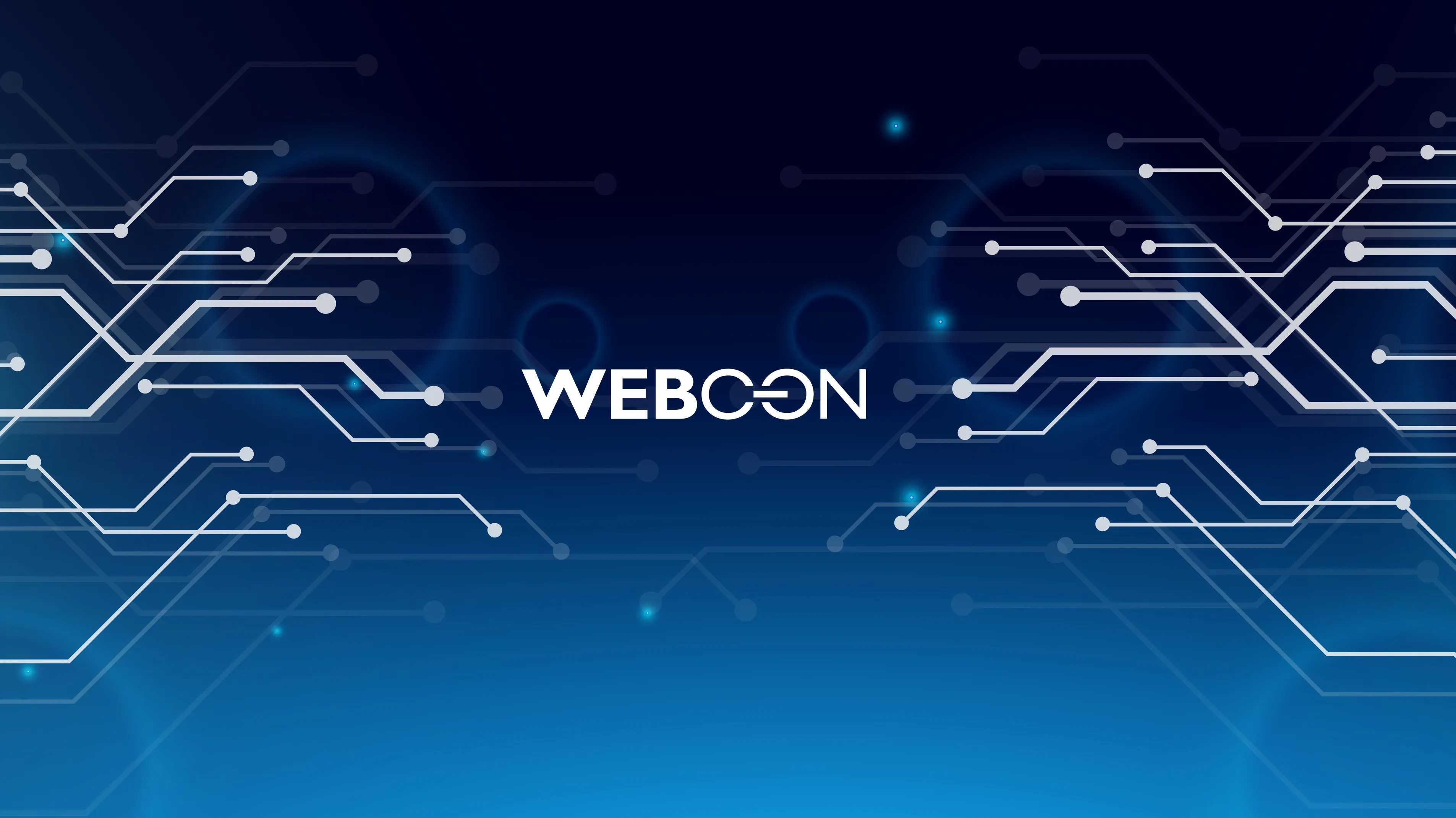 Weißes WEBcon-Logo auf blau-schwarzem Hintergrund mit futuristischen, vernetzten Schaltkreislinien.