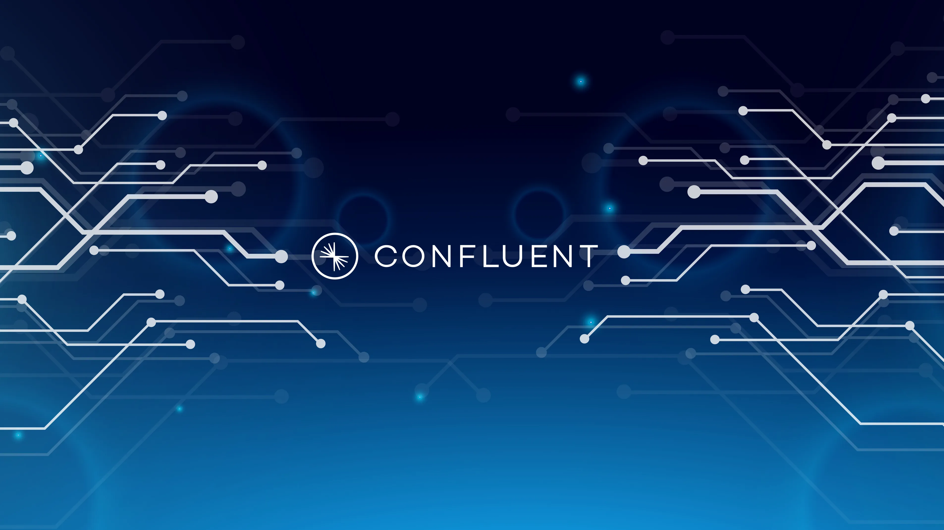 Confluent-Logo vor digitalem Hintergrund mit vernetzten Leiterbahnen auf blauem Farbverlauf.
