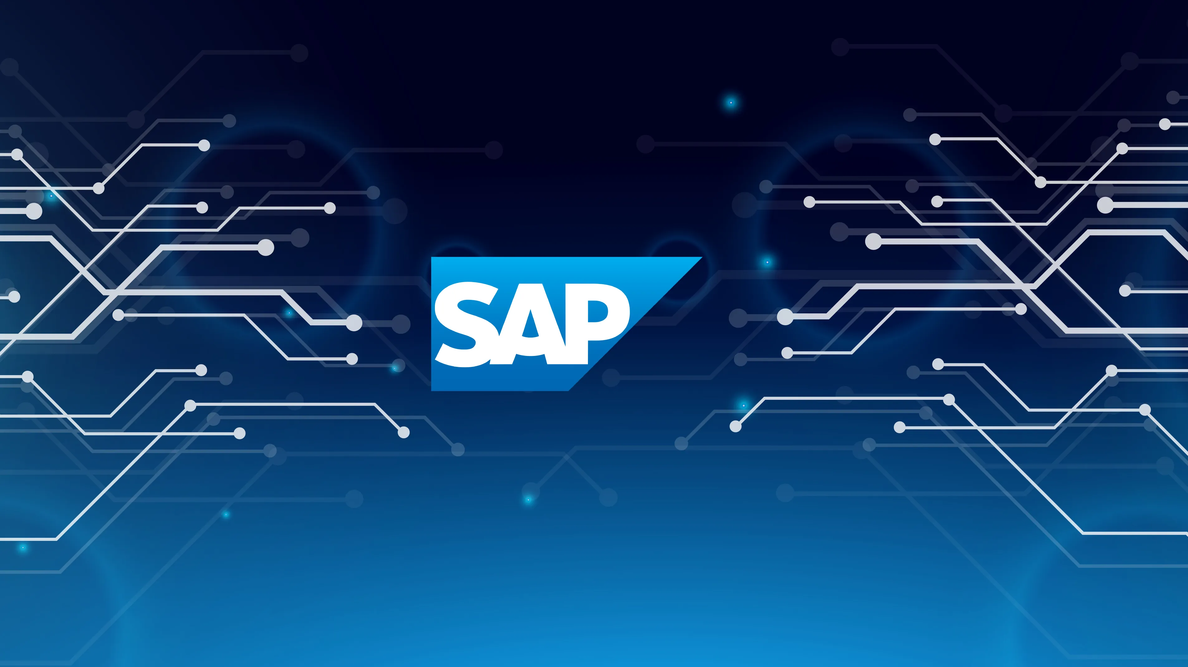 SAP Logo vor einem dunklen Hintergrund mit abstrakten, hellen Schaltkreislinien.