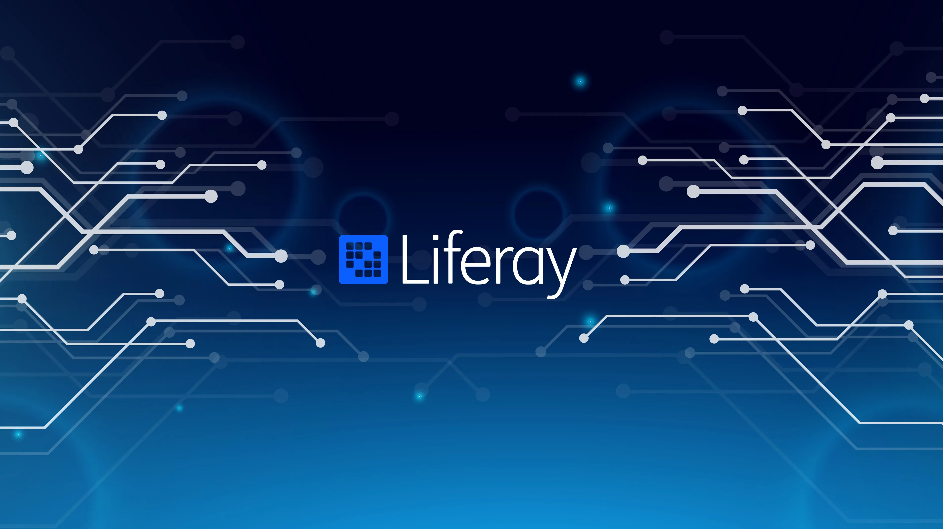 Liferay-Logo vor blauem Hintergrund mit weißen, vernetzten Leiterbahnen und leuchtenden Punkten.