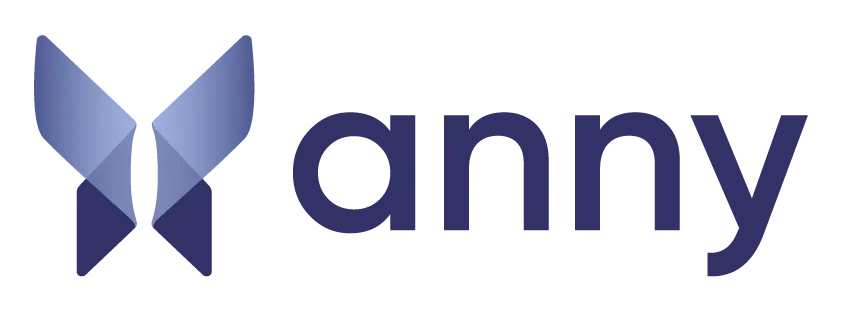 Blue geometric butterfly icon next to the word anny in lowercase letters.
