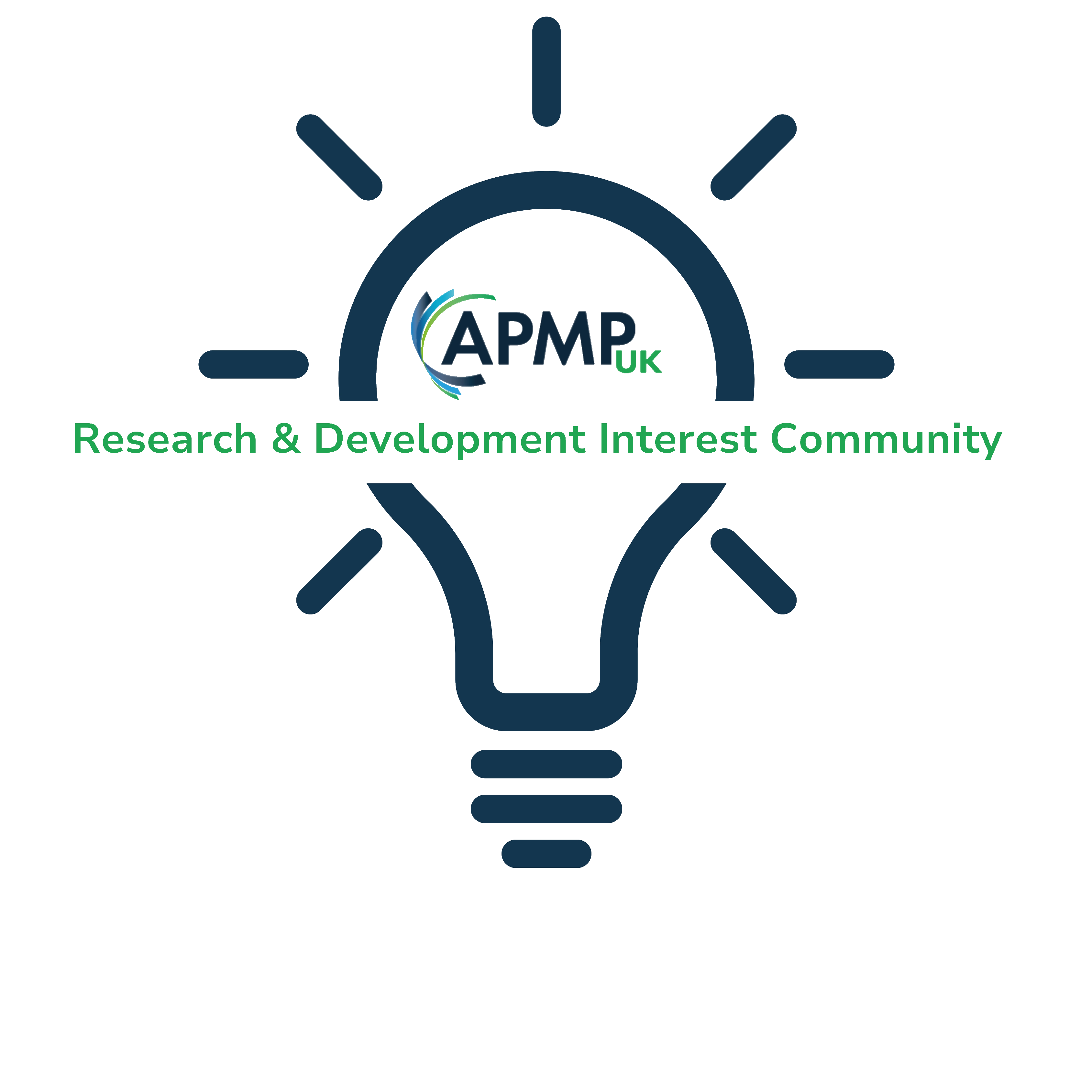 Light bulb icon with the text APMP UK and Research & Development Interest Community.