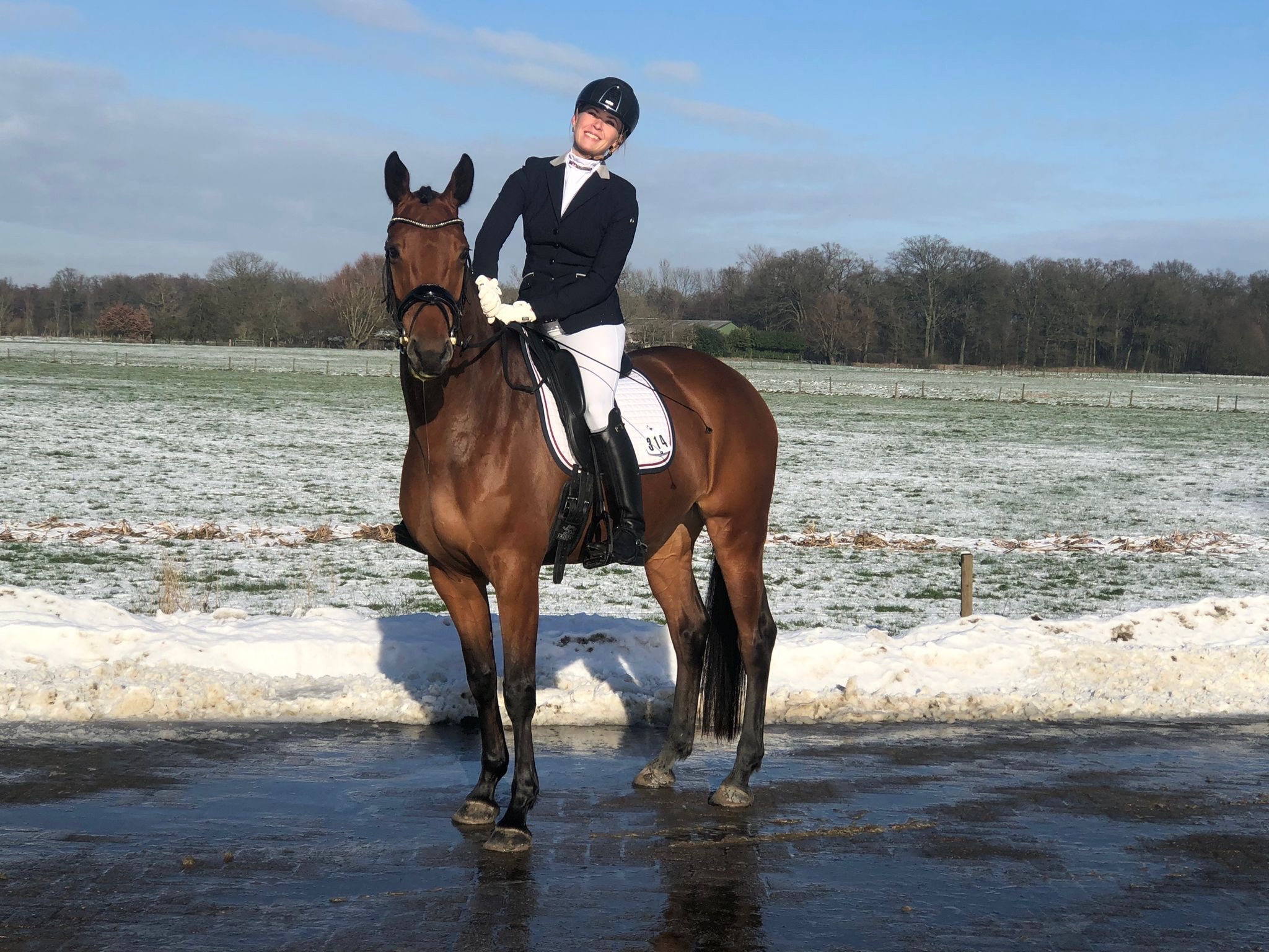 Ruiter op een bruin paard bij PurSang in de winter