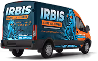 Black delivery van with blue snow leopard graphics and IRBIS branding on the side and front.