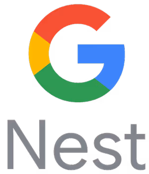Google Nest logo with multicolored G above gray Nest text.