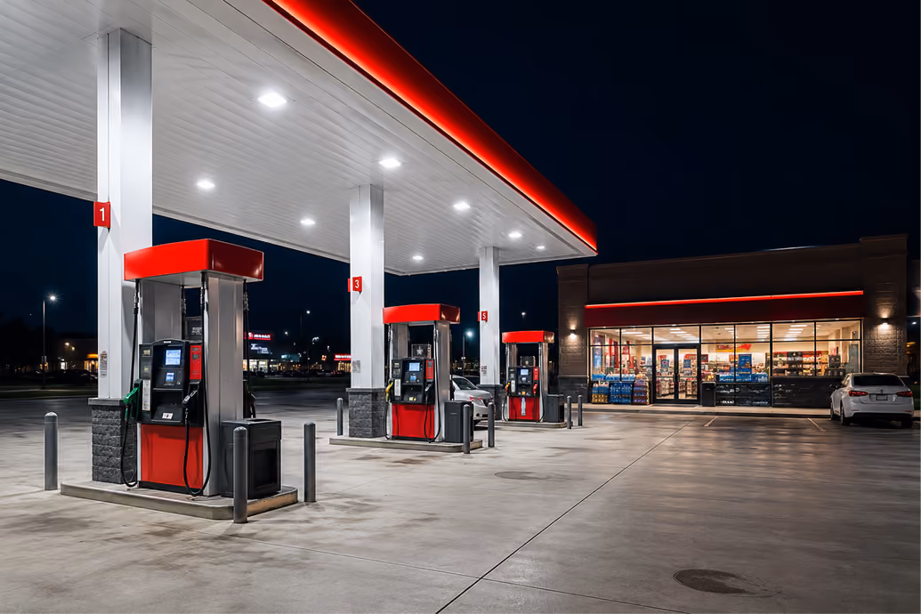 Gas station with red-topped fuel pumps and a lit convenience store at night.