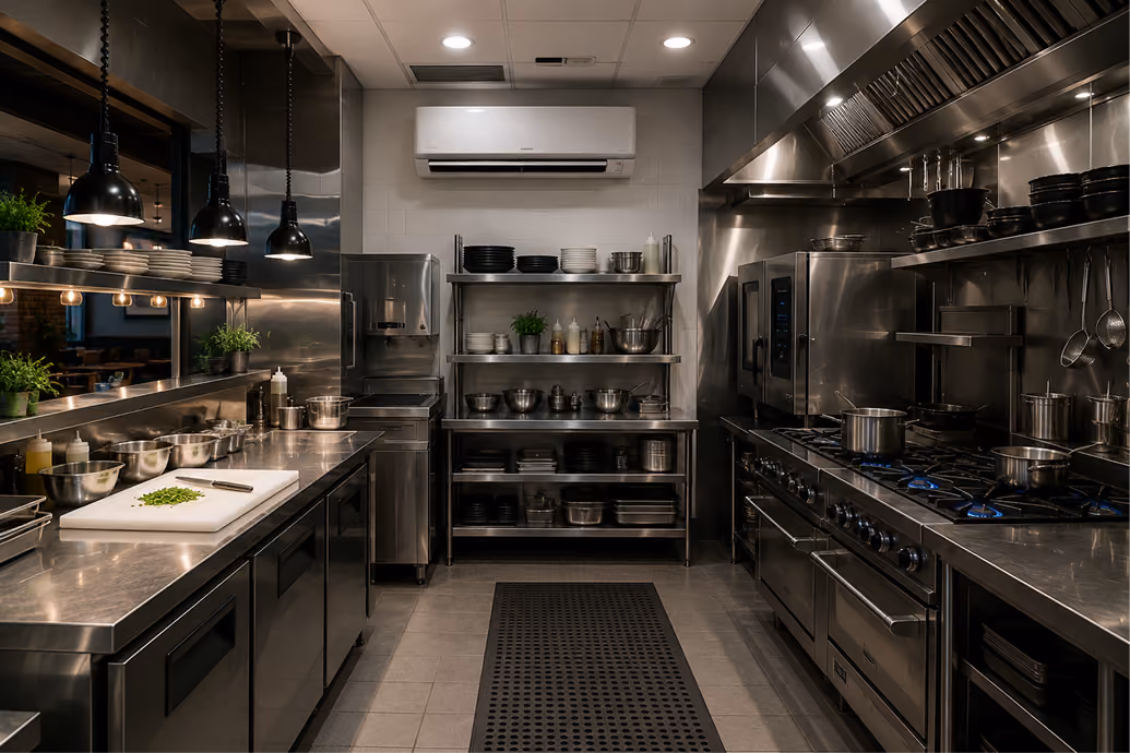 Modern stainless steel commercial kitchen with stove, shelves, prep area, and hanging utensils.