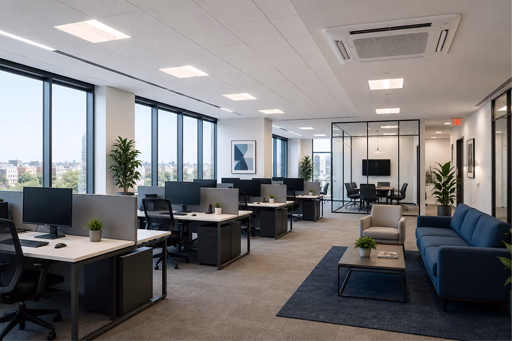 Modern office with multiple desks, black chairs, and a glass-walled conference room at the back.
