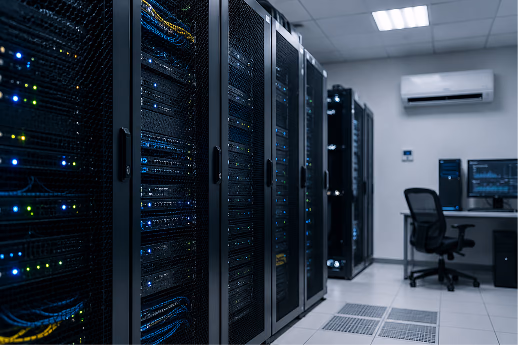 Rows of server racks with blinking lights in a data center room with a desk and computer in the background.