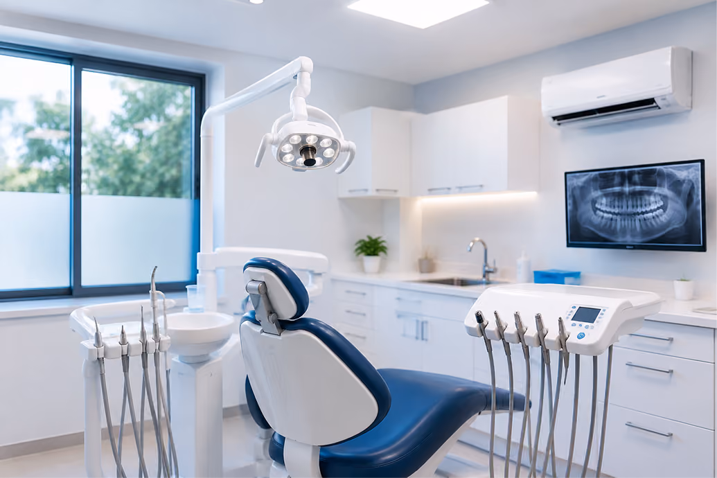 Modern dental office with blue dental chair, tools, overhead light, and dental X-ray on screen.
