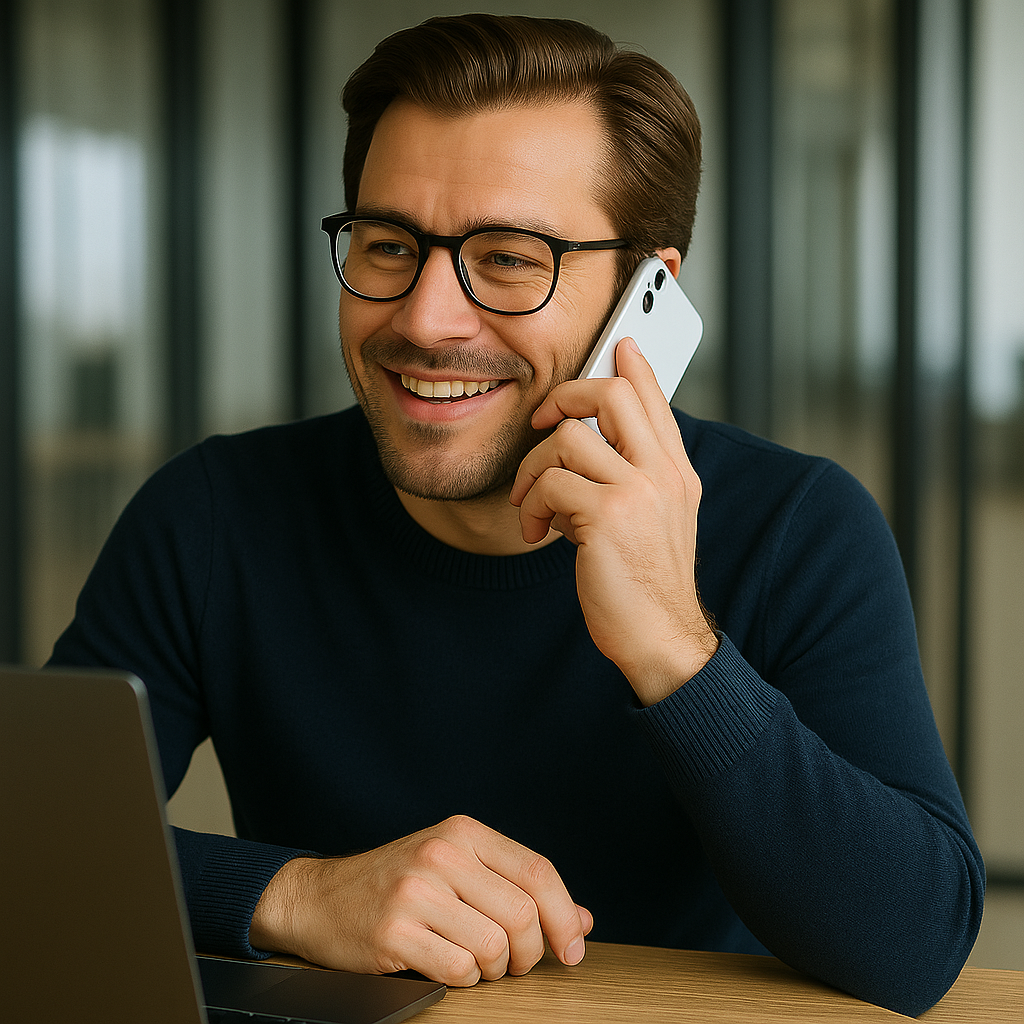 Mehrere Personen in blauen T-Shirts sitzen in einem Büro und telefonieren mit Headsets am Schreibtisch