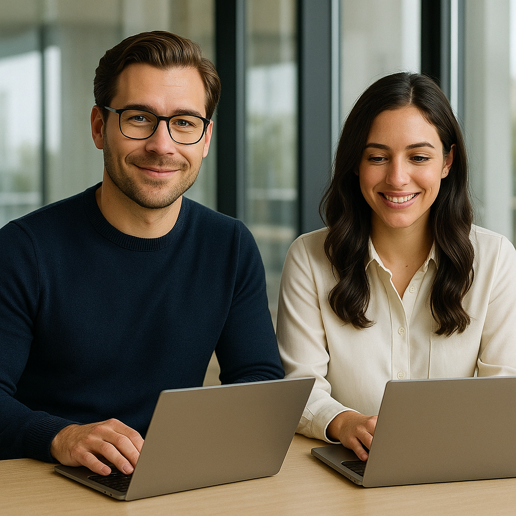 Ein Mann und eine Frau sitze in einem Büro vor ihren Computern