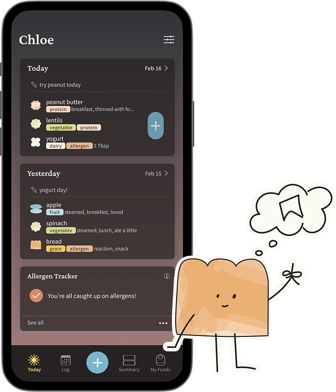 image of the Today screen in the First Bites app, which shows previews of different daily logs and the preview of the allergen tracker