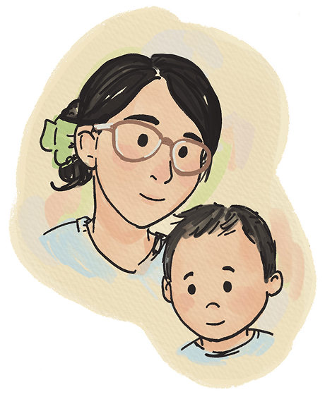 illustration of founder with her son