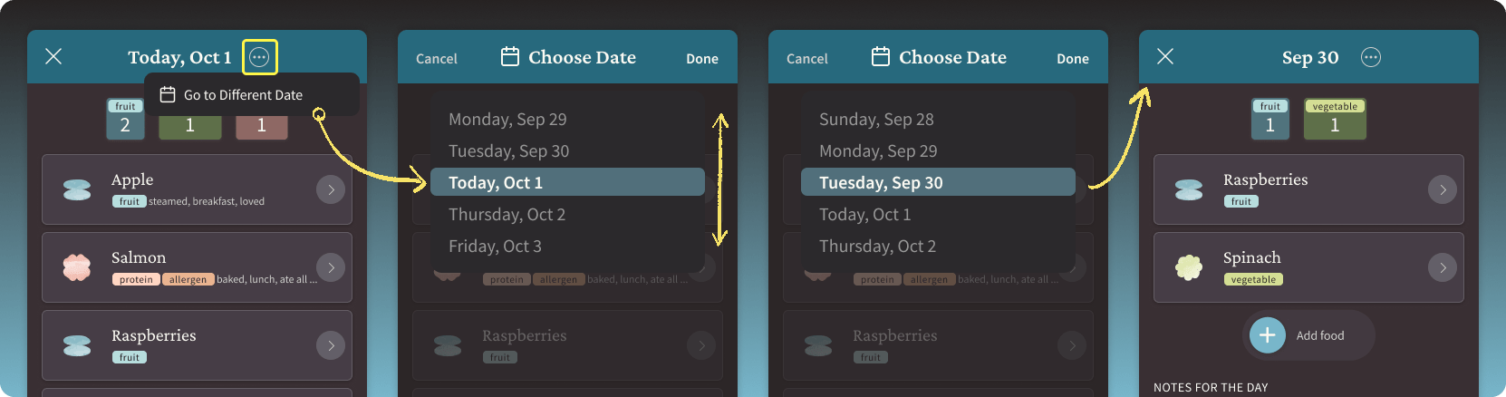 Screenshots of the First Bites app showing how to log a food to a different date