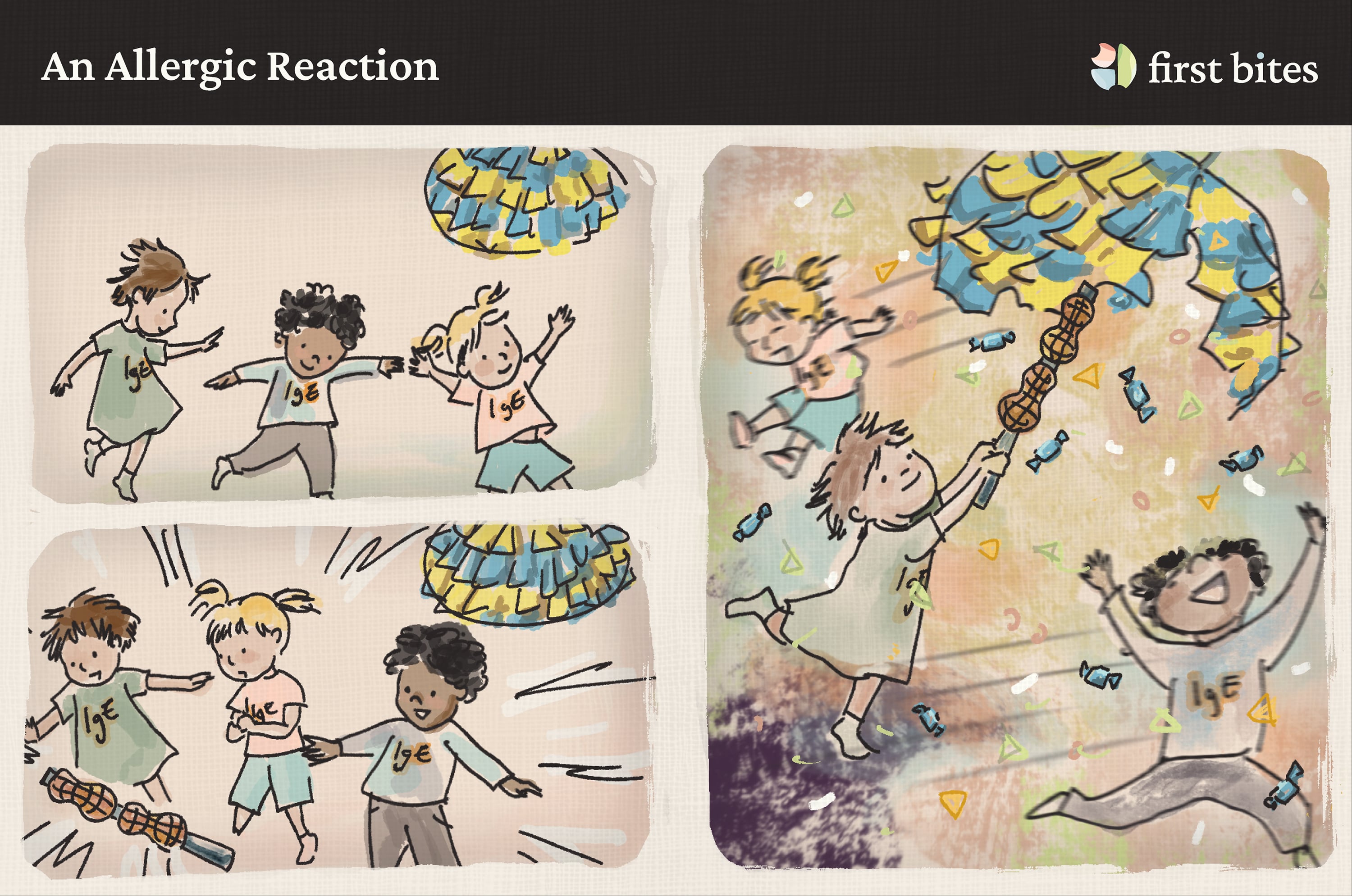 An illustration of IgE antibodies reacting to the allergen they are specific for and activating a mast cell, releasing histamine that causes an allergic reaction.