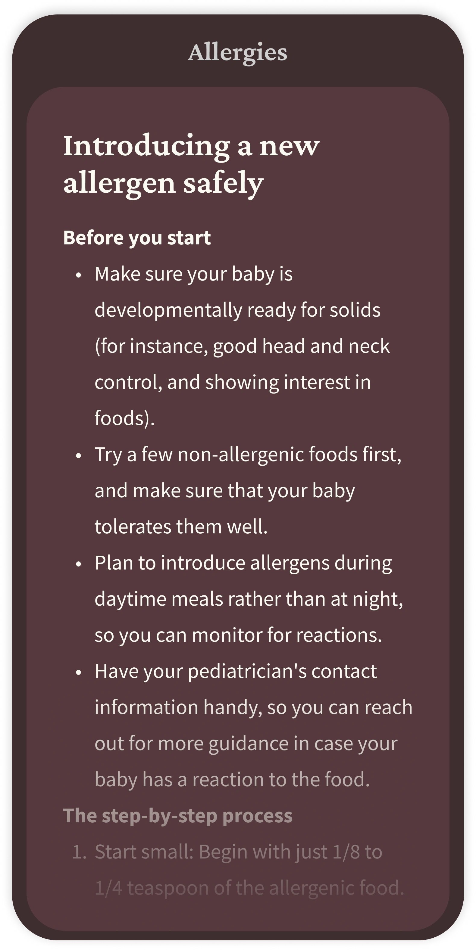Part of a scrollable carousel of 5 different screens. This second screen is burgundy, representing an educational module on introducing a new allergen safely.
