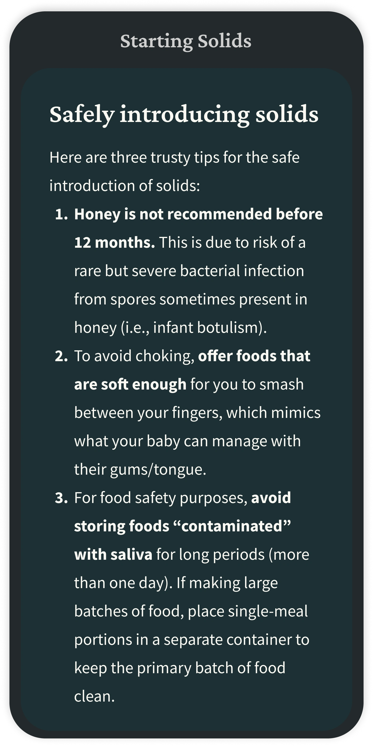 Part of a scrollable carousel of 5 different screens. This first screen is dark jade green, representing an educational module on safely starting solids.