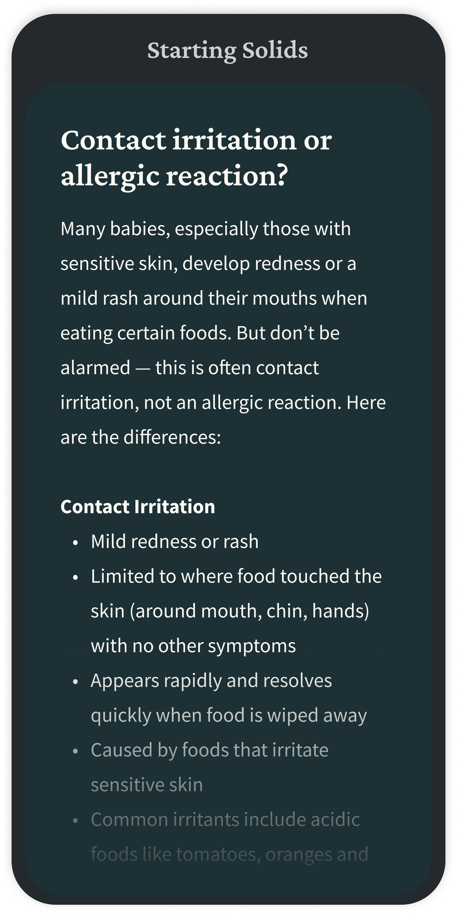 Part of a scrollable carousel of 5 different screens. This third screen is dark jade green, representing an educational module on differentiating between contact irritation or allergen reactions.
