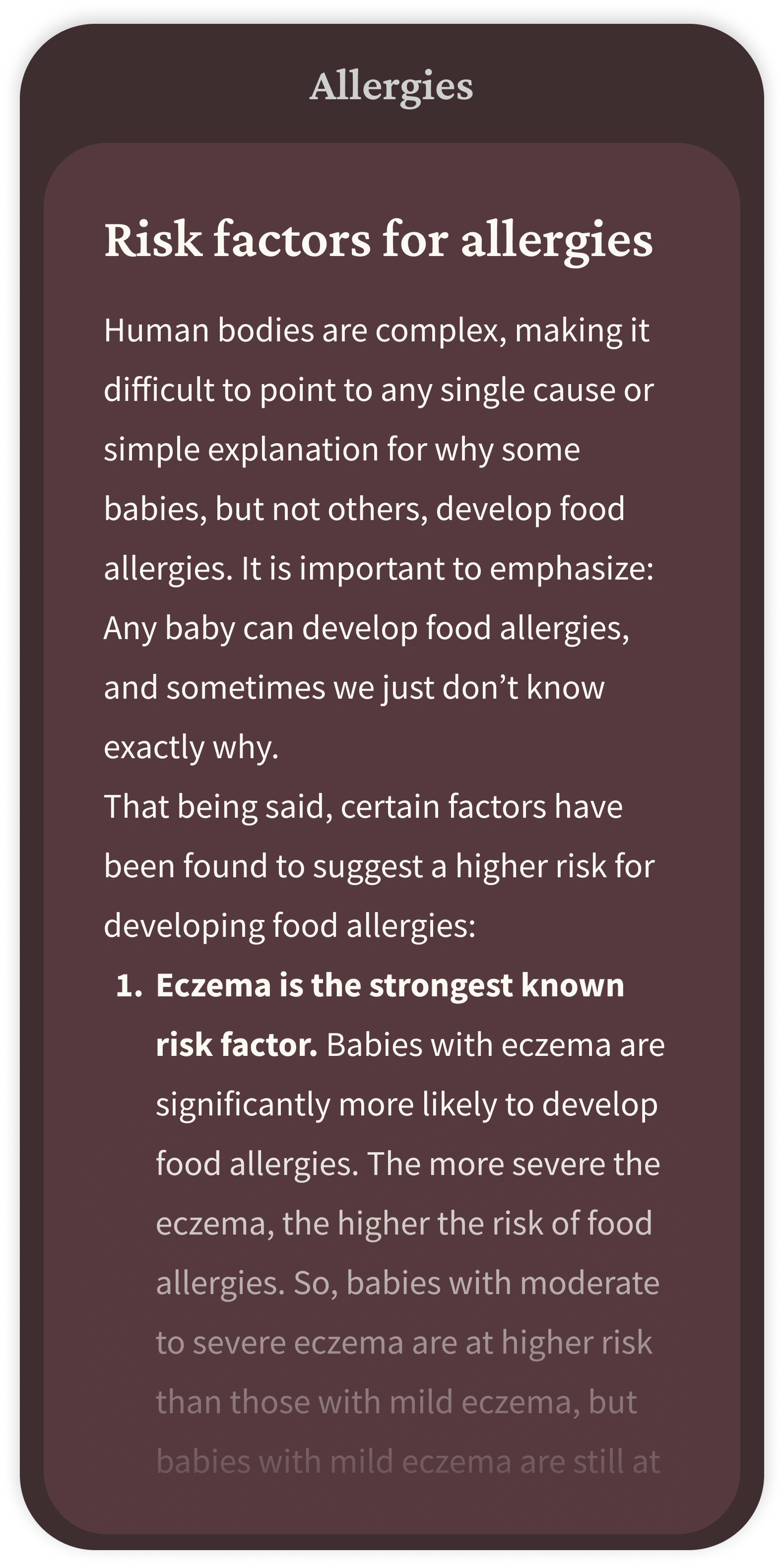 Part of a scrollable carousel of 5 different screens. This fourth screen is burgundy, representing an educational module on risk factors for allergies.
