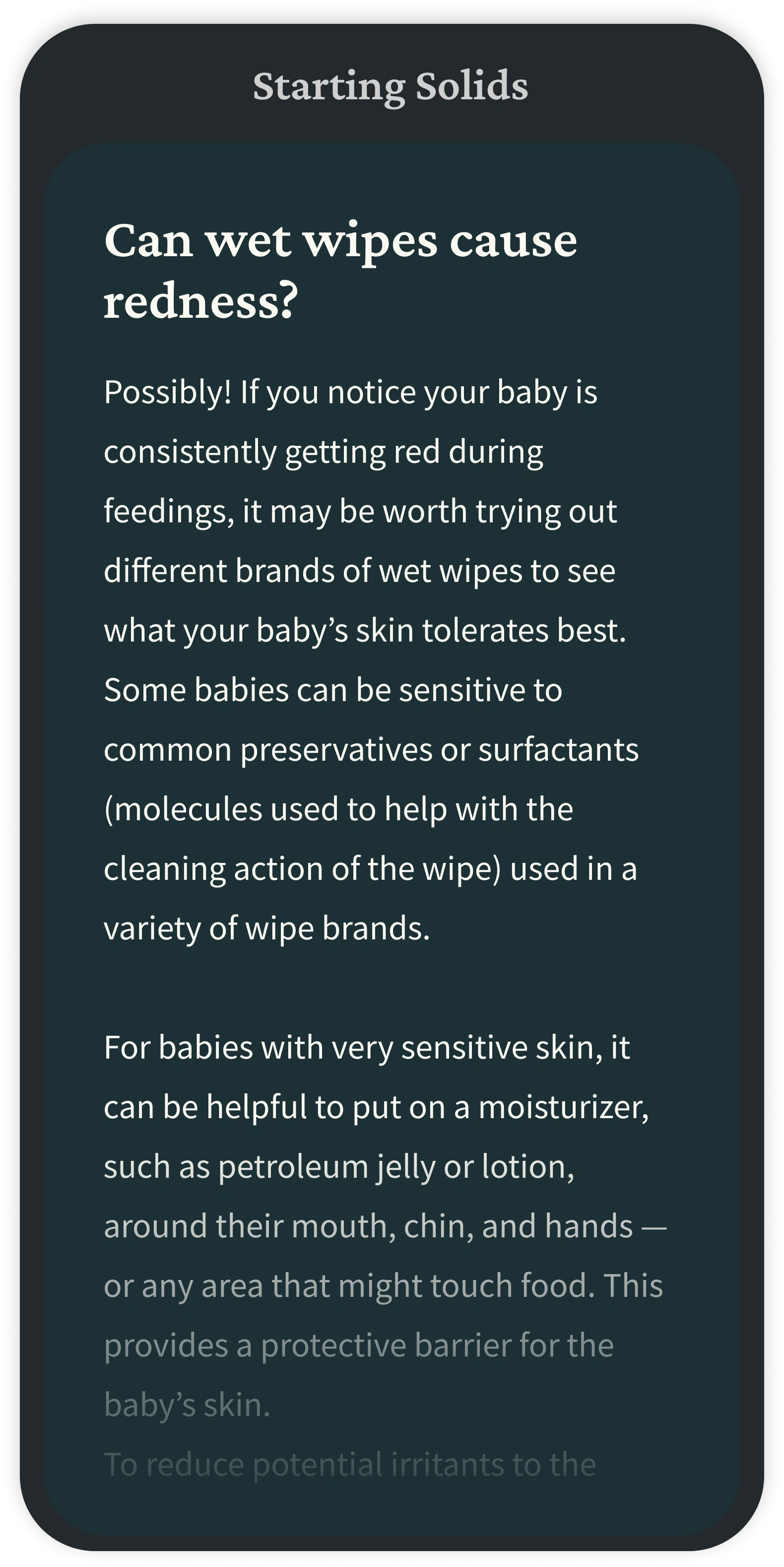 Part of a scrollable carousel of 5 different screens. This fifth screen is dark jade green, representing an educational module on if wet wipes can cause redness.