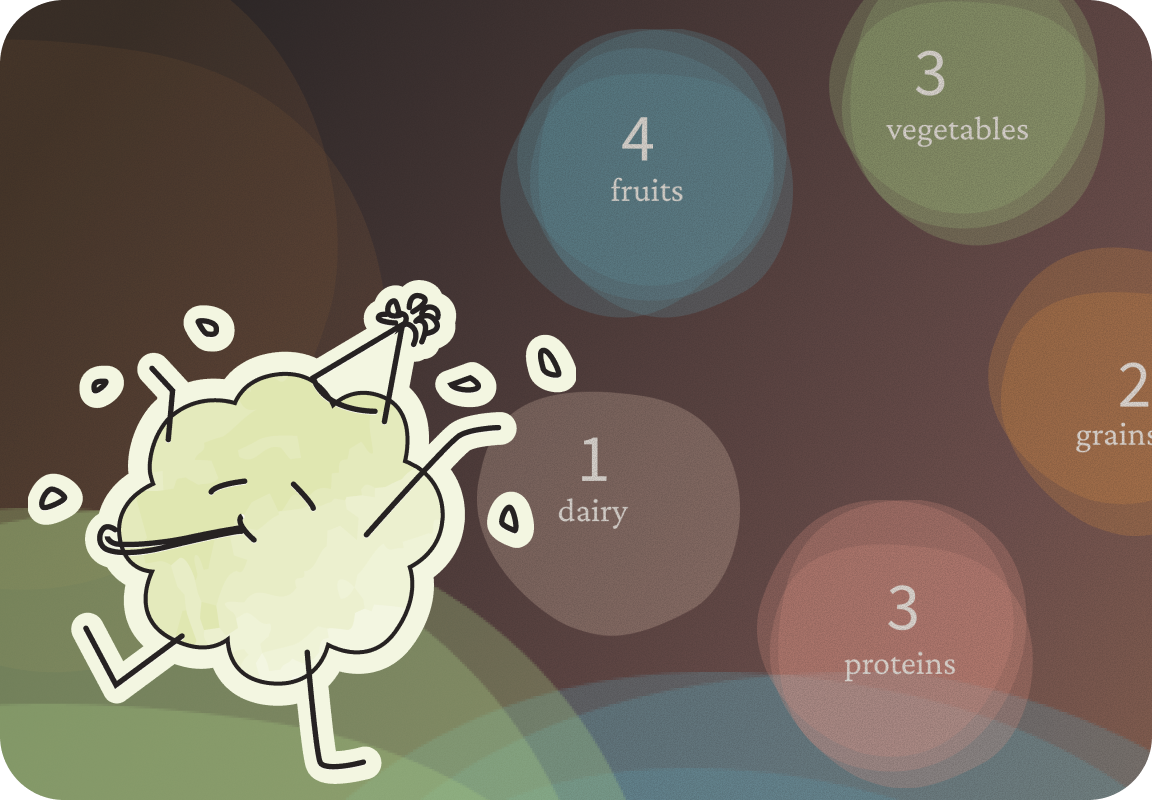 A green, cloud-shaped character is celebrating with a party hat, noisemaker, and confetti. In the background is an overlay of the First Bites app’s food variety screen.