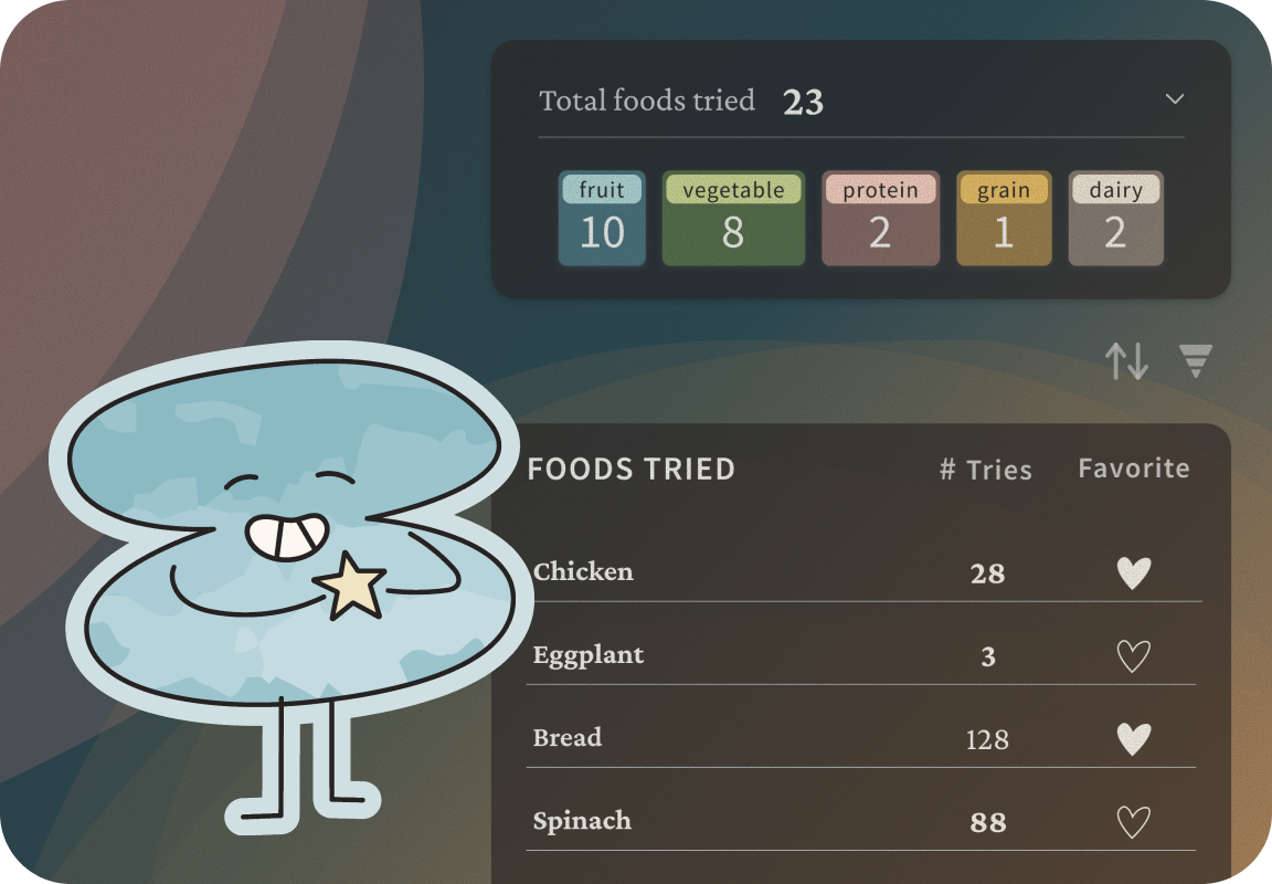 A blue, figure 8-shaped character is smiling and holding a yellow star. In the background are two screenshots from the First Bites app that show the number of foods tried by category as well as favorited foods.