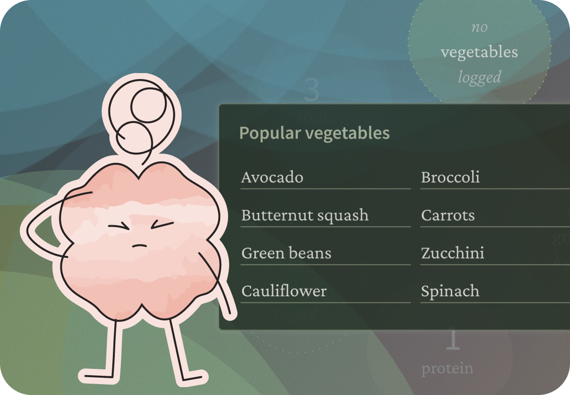A pink character, with closed eyes and scribbles coming out of the top of its head, is experiencing brain fog. In the background is a screenshot from the First Bites app that shows other popular foods in the vegetable category.