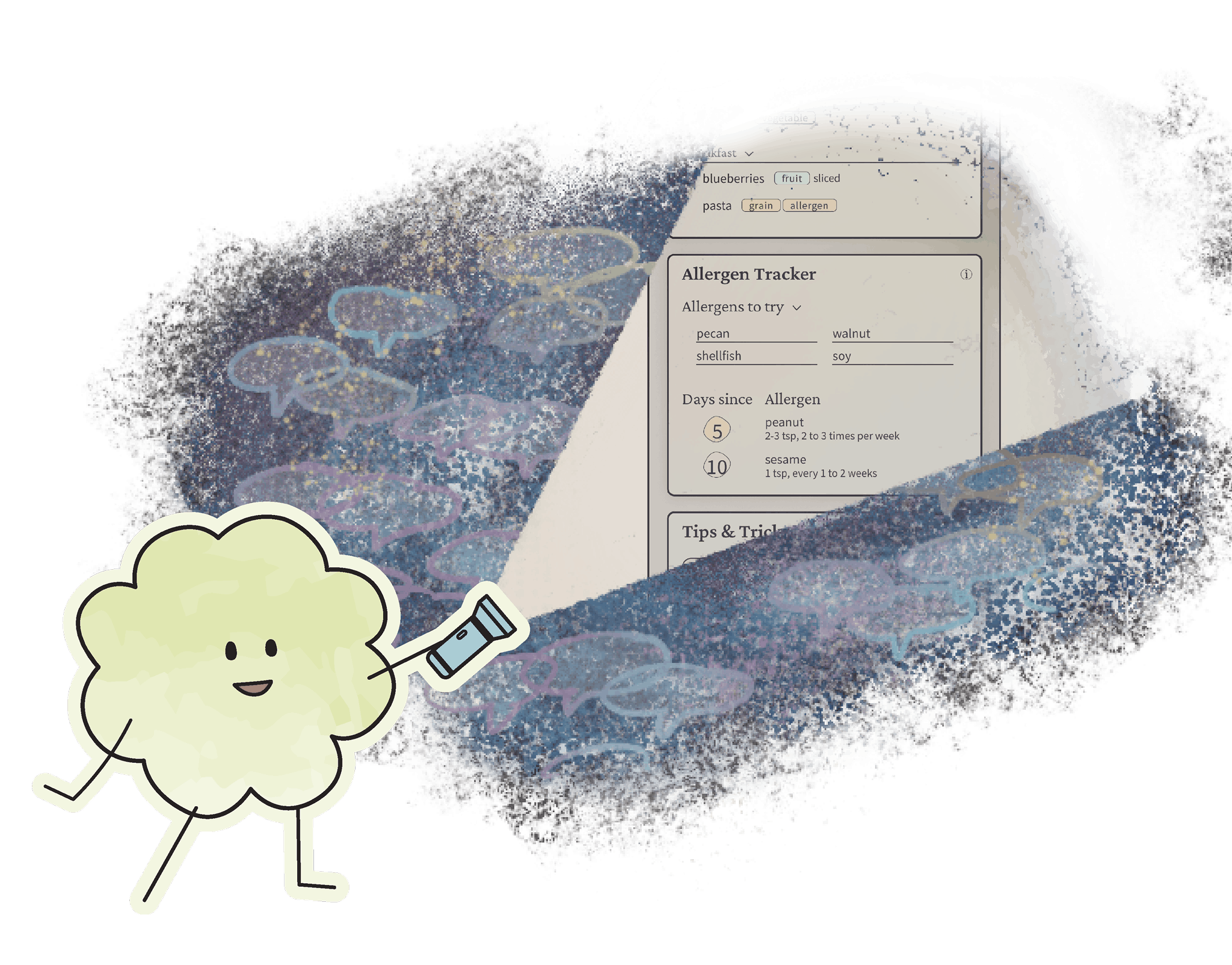 Green, cloud-shaped character shines a flashlight on a gray-toned screenshot from the First Bites app. Multicolor conversation bubbles are embedded in a dark, textured background that surrounds the beam of light.
