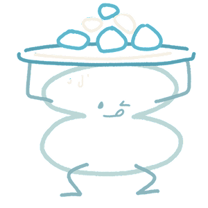 A light blue, figure 8-shaped character holds a platter with rocks stacked on top.