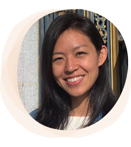 Headshot of founder Liz Chen with a pale brown watercolor outline. She is smiling.